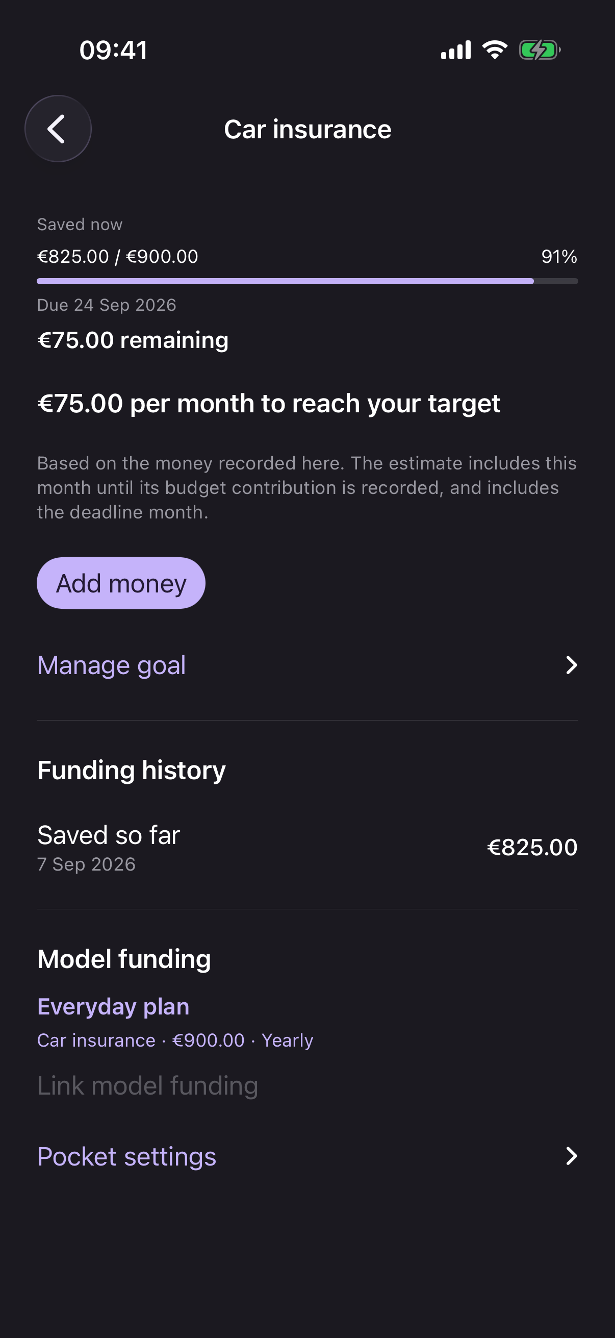 Car insurance pocket goal showing €825 saved towards a €900 target and its progress history.