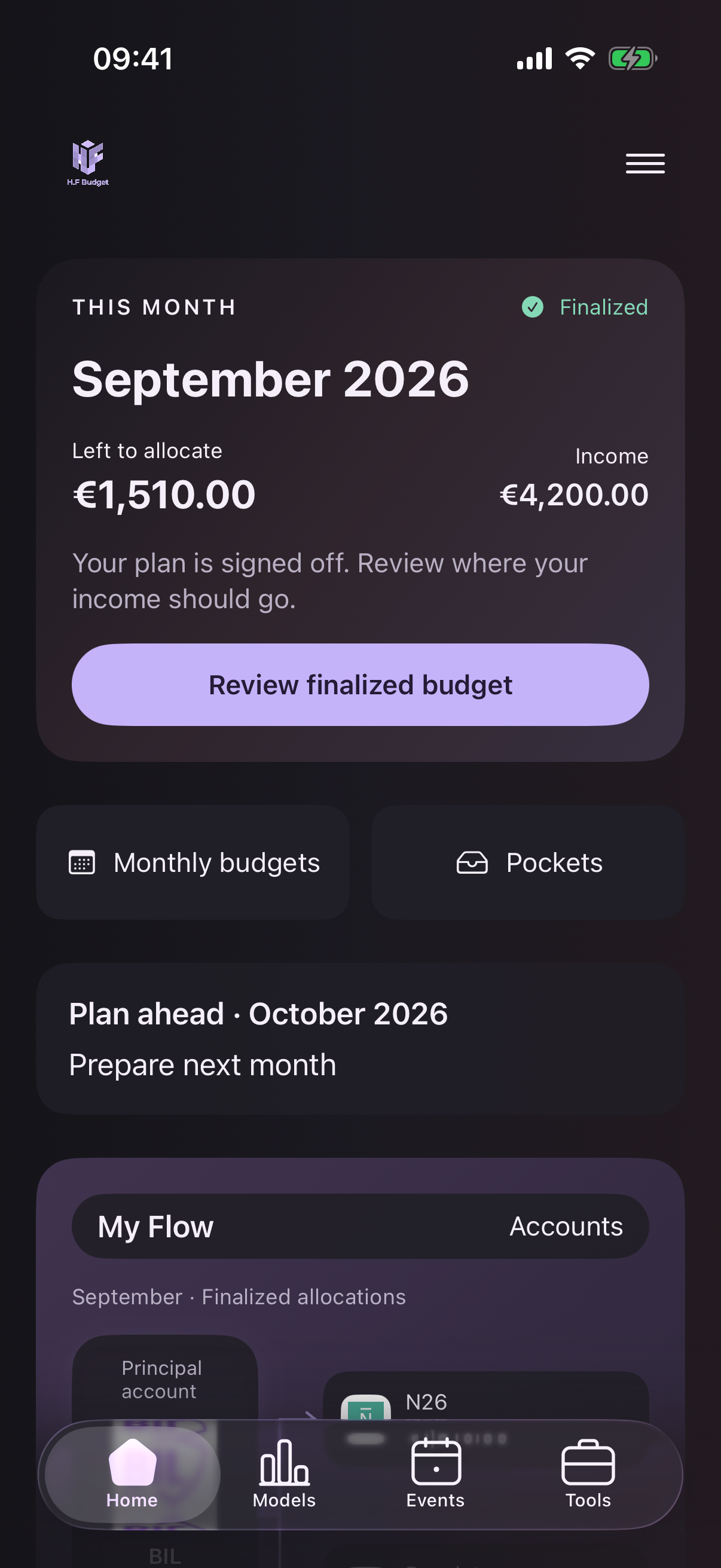 Henthu home screen showing a September budget with €4,200 income, €2,690 allocated and €1,510 left to allocate.