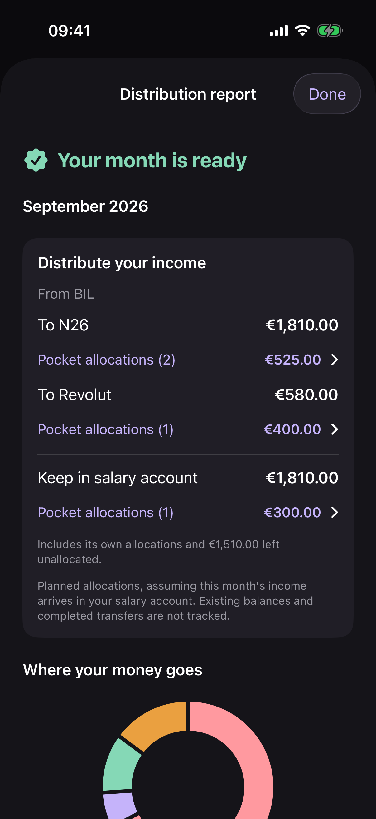 Monthly budget report displaying the planned distribution across bank accounts.